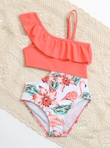 Young Girl Tropical Print Ruffle Trim Cut Out One Piece Swimsuit - Watermelon Pink - View 5