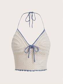 ROMWE Kawaii Parte superior de punto con atadura delantera de encaje a contraste, para vacaciones en la playa, escuela - Beis - Ver 5