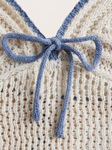 ROMWE Kawaii Parte superior de punto con atadura delantera de encaje a contraste, para vacaciones en la playa, escuela - Beis - Ver 2