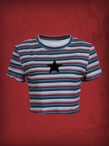 ROMWE Grunge Punk Striped Star Print Crop Tee - Multicolor - View 1