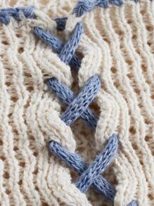 ROMWE Kawaii Parte superior de punto con atadura delantera de encaje a contraste, para vacaciones en la playa, escuela - Beis - Ver 4