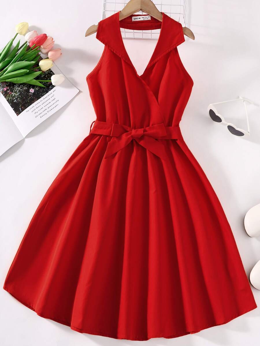 SHEIN Teen Girls Solid Belted Dress - Burgundy - View 1