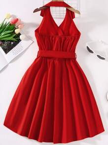 SHEIN Teen Girls Solid Belted Dress - Burgundy - View 2