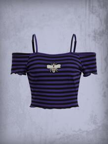 蜜蜂刺繡條紋圖案挖肩T恤 - 彩色 - 查看 1