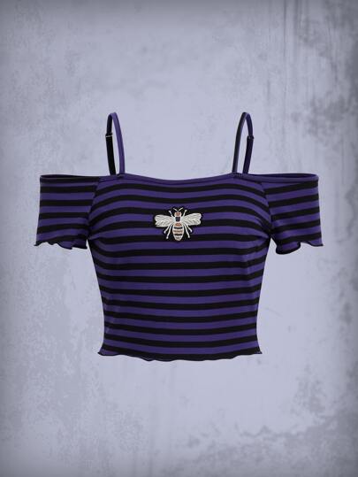 Bee Embroidery Striped Cold Shoulder Tee