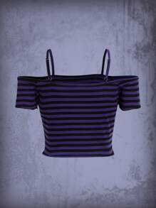 蜜蜂刺繡條紋圖案挖肩T恤 - 彩色 - 查看 2