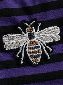蜜蜂刺繡條紋圖案挖肩T恤 - 彩色 - 查看 4