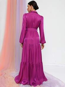 Faeriesty Solid Ruffle Hem Belted Chiffon Dress - Purple - View 2