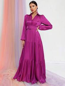 Faeriesty Solid Ruffle Hem Belted Chiffon Dress - Purple - View 4