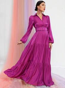 Faeriesty Solid Ruffle Hem Belted Chiffon Dress - Purple - View 1