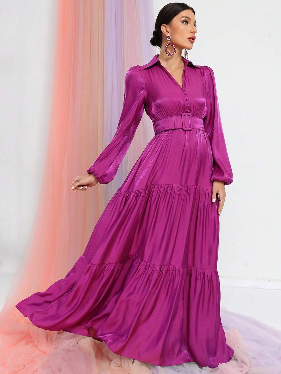 Faeriesty Solid Ruffle Hem Belted Chiffon Dress - Purple - View 1