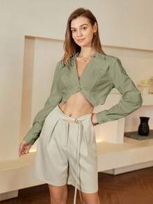 Áo sơ mi nữ Nút màu trơn Giải trí - Màu xanh Bạc hà - Xem 6