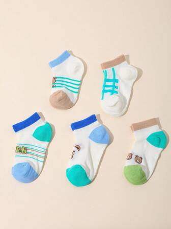 5双可爱小熊图案儿童袜子，舒适透气，适合日常穿着，春秋季