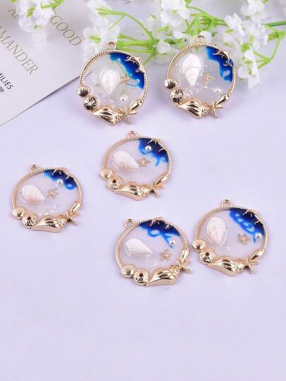 6pcs Ocean Style Shell Shaped Transparent Epoxy Resin Alloy Pendant DIY Jewelry Accessories