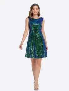 亮片A字連衣裙 - 墨綠色 - 查看 3