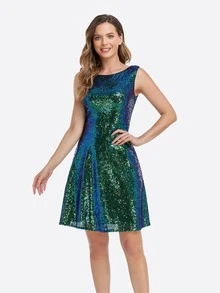 亮片A字連衣裙 - 墨綠色 - 查看 5