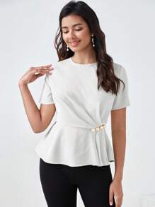 BizChic Solid Pearl Button Detail Peplum Top Workwear - White - View 1