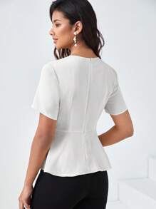 BizChic Solid Pearl Button Detail Peplum Top Workwear - White - View 2