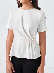 BizChic Solid Pearl Button Detail Peplum Top Workwear - White - View 3