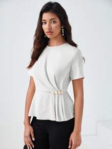 BizChic Solid Pearl Button Detail Peplum Top Workwear - White - View 5
