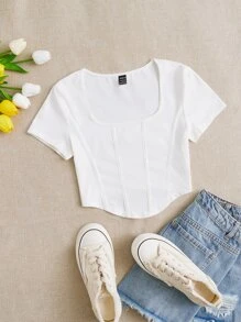 SHEIN EZwear Square Neck Seam Front Tee - White - View 6
