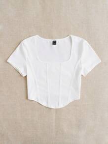 SHEIN EZwear Square Neck Seam Front Tee - White - View 4