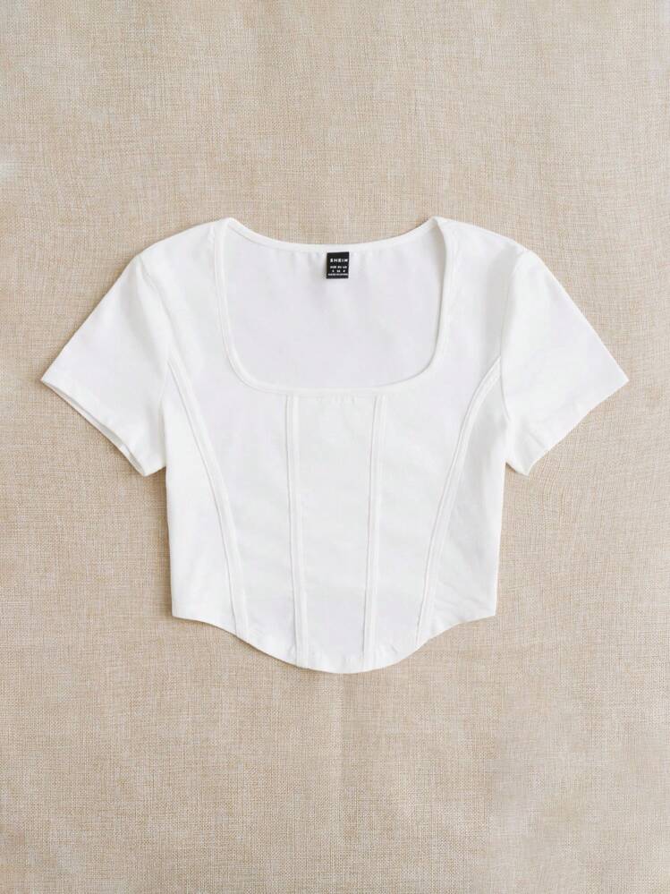 SHEIN EZwear スクエアネック シームフロント Tシャツ - ホワイト - 見る 4