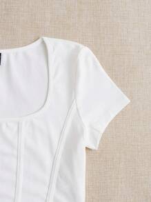 SHEIN EZwear Square Neck Seam Front Tee - White - View 5