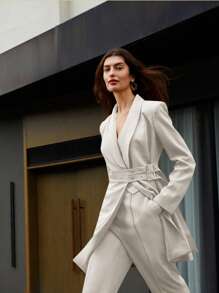 SHEIN BIZwear 素色前紐扣馬甲和褲子不附帶西裝外套工作服 - 米色 - 查看 3