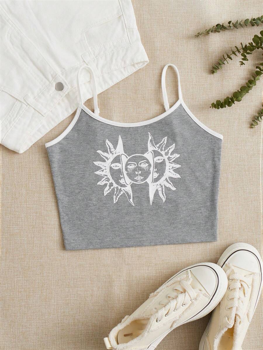 SHEIN EZwear 日月圖案撞色滾邊吊帶上衣 - 淺灰色 - 查看 1