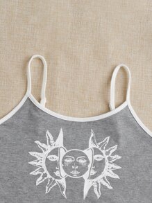 SHEIN EZwear 日月圖案撞色滾邊吊帶上衣 - 淺灰色 - 查看 3