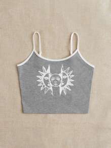 SHEIN EZwear 日月圖案撞色滾邊吊帶上衣 - 淺灰色 - 查看 5