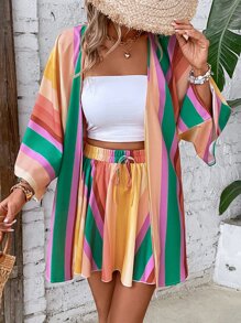 Breezaya 撞色蝙蝠袖和服罩衫和半身裙 - 彩色 - 查看 1