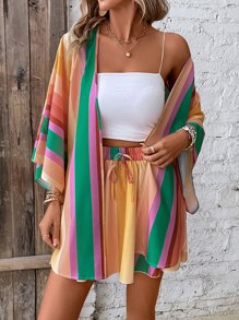 Breezaya 撞色蝙蝠袖和服罩衫和半身裙 - 彩色 - 查看 4