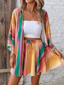 Breezaya 撞色蝙蝠袖和服罩衫和半身裙 - 彩色 - 查看 5