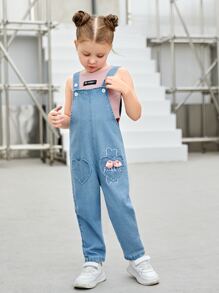 SHEIN Explorewe 少女卡通刺繡蝴蝶結前扣牛仔褲 - 淺色水洗藍 - 查看 3