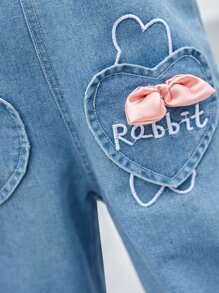 SHEIN Explorewe 少女卡通刺繡蝴蝶結前扣牛仔褲 - 淺色水洗藍 - 查看 6