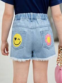 小女童卡通圖案毛邊牛仔短褲 - 淺色水洗藍 - 查看 1