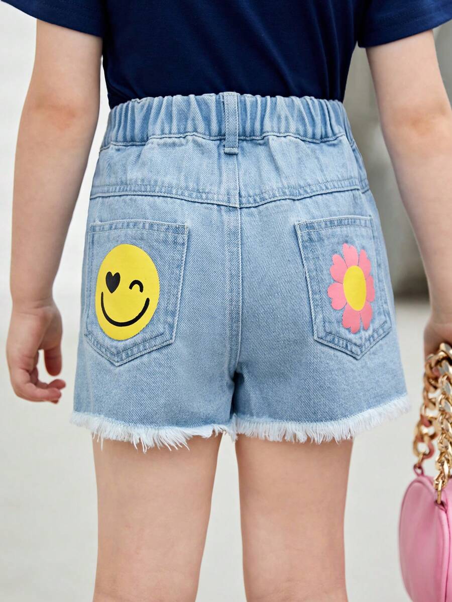 小女童卡通圖案毛邊牛仔短褲 - 淺色水洗藍 - 查看 1