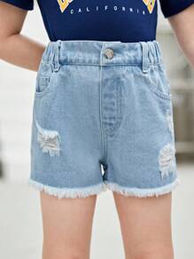 小女童卡通圖案毛邊牛仔短褲 - 淺色水洗藍 - 查看 2
