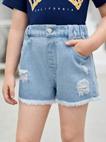 小女童卡通圖案毛邊牛仔短褲 - 淺色水洗藍 - 查看 5