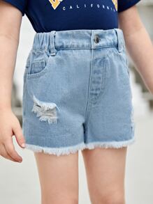 小女童卡通圖案毛邊牛仔短褲 - 淺色水洗藍 - 查看 6