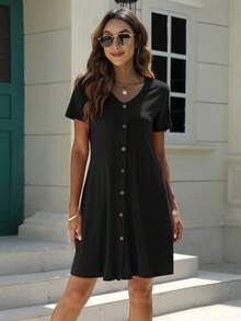 Solid Button Front Tee Dress - Black - View 3
