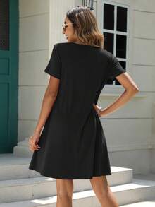 Solid Button Front Tee Dress - Black - View 2