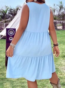 SHEIN LUNE 大碼蕾絲拼接流蘇繫帶領荷葉邊娃娃裙 - 淺藍色 - 查看 2