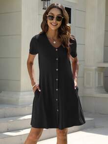 Solid Button Front Tee Dress - Black - View 5