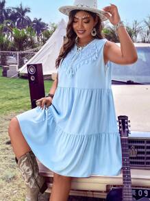 SHEIN LUNE 大碼蕾絲拼接流蘇繫帶領荷葉邊娃娃裙 - 淺藍色 - 查看 3