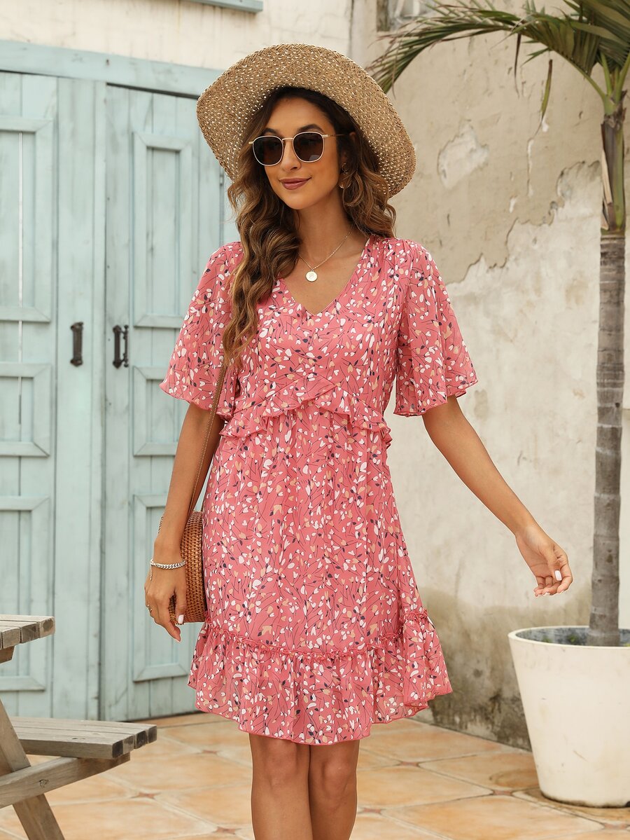 Ditsy Floral Print Ruffle Trim Dress - Pink - View 1