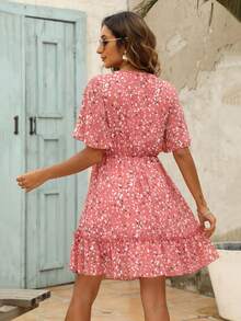 Ditsy Floral Print Ruffle Trim Dress - Pink - View 2