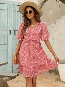 Ditsy Floral Print Ruffle Trim Dress - Pink - View 4
